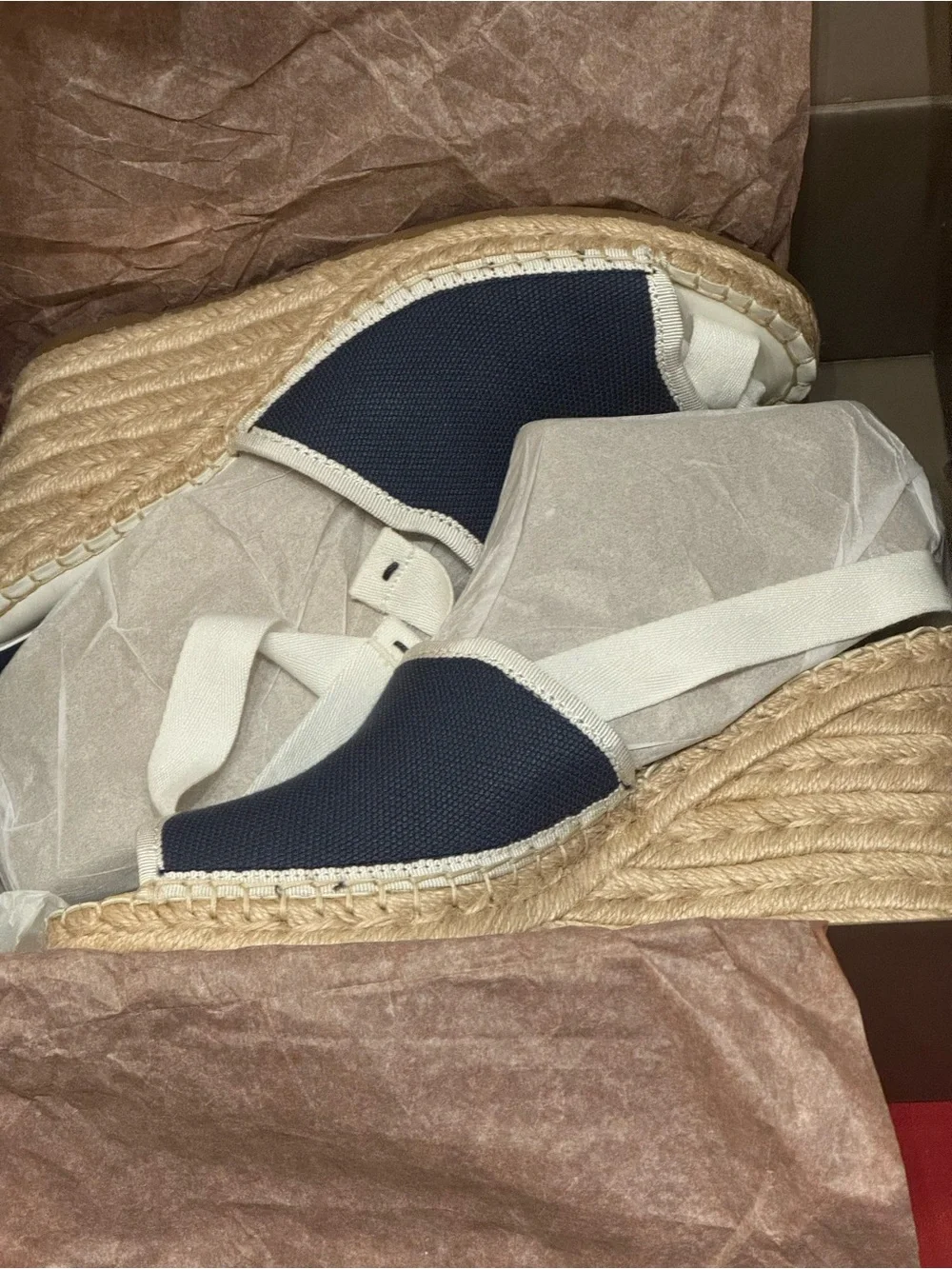 Franco Sarto Navy Canvas Sierra Espadrille Wedge with Cream Ankle Ties NIB 9.5M